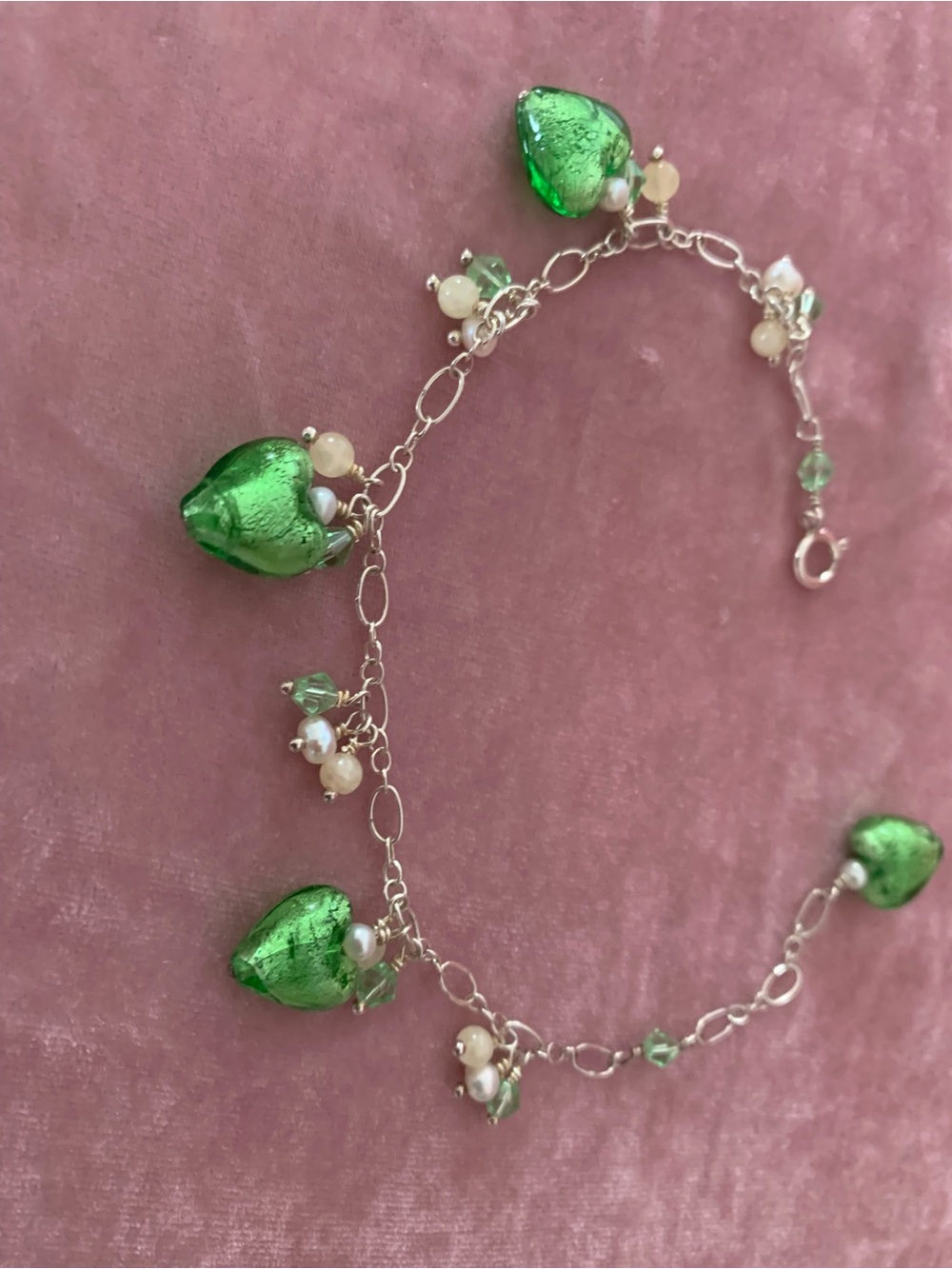 Handcrafted Green Glass Heart Charm Bracelet - Women Jewelry